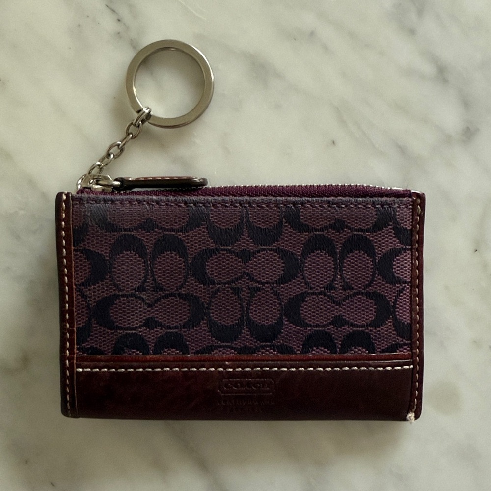 COACH Burgundy Signature Canvas Leather Mini ID Credit Card Holder Key Chain